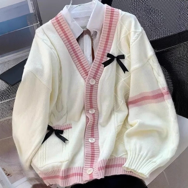 Autumn And Winter New Lazy Style Design Knitted Cardigan Bow Twist Loose Sweater Coat Women