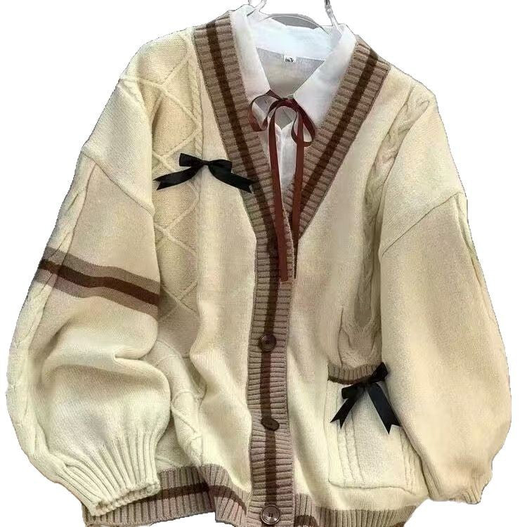 Autumn And Winter New Lazy Style Design Knitted Cardigan Bow Twist Loose Sweater Coat Women