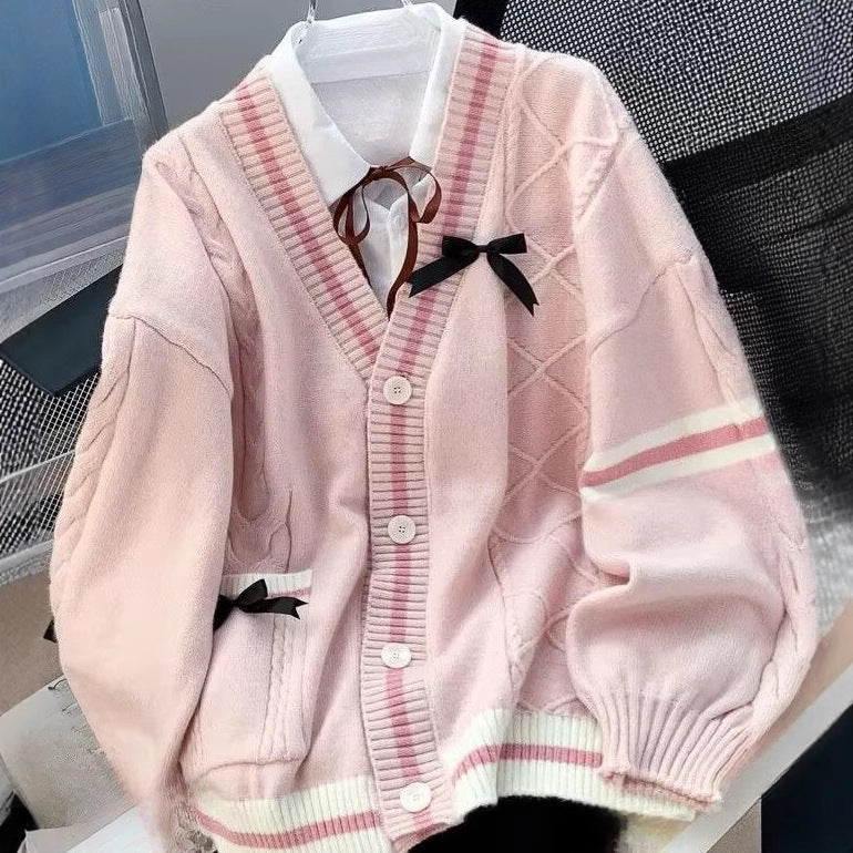 Autumn And Winter New Lazy Style Design Knitted Cardigan Bow Twist Loose Sweater Coat Women
