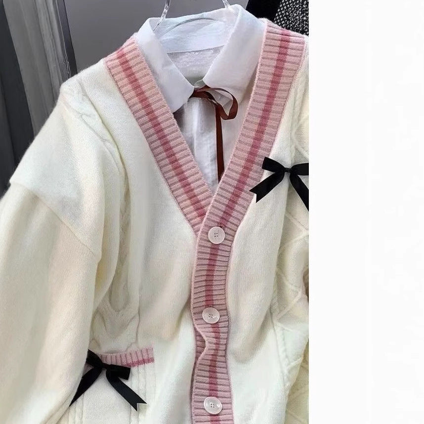 Autumn And Winter New Lazy Style Design Knitted Cardigan Bow Twist Loose Sweater Coat Women