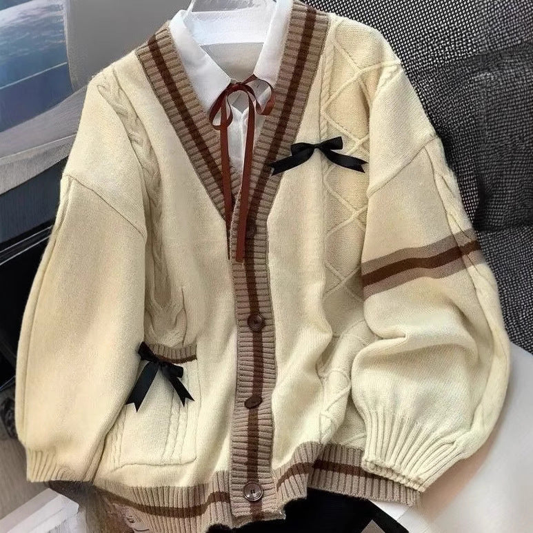 Autumn And Winter New Lazy Style Design Knitted Cardigan Bow Twist Loose Sweater Coat Women